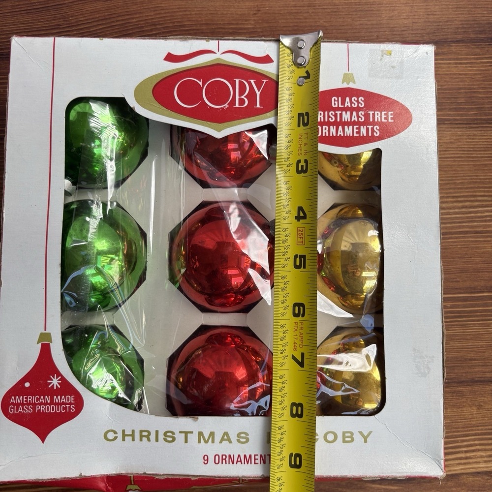 Coby Glass Christmas Tree Ornaments 9 Ct Red Green Gold Boxed USA - Picture 9 of 9
